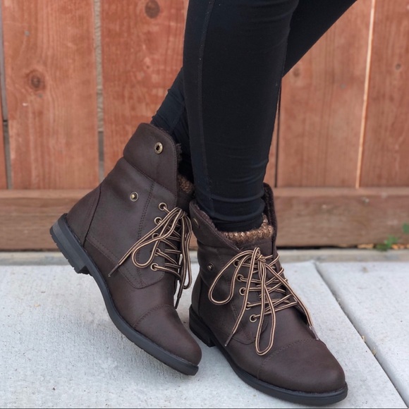Brown Faux Shearling Cuff Combat Boots - Picture 4 of 8